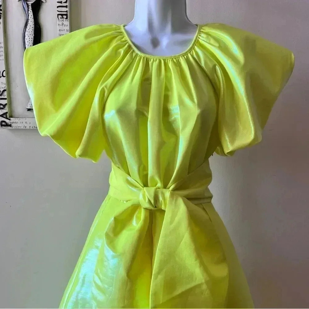 NEW Christopher John Rogers Target Neon Yellow Iridescent Belted Midi Dress XXS - Picture 3 of 15